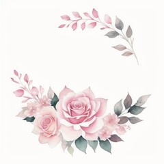 Isolated pink rose with leaves and a crescent of leaves on a white background, great floral vintage isolated element, ai generated