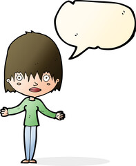 cartoon woman shrugging shoulders with speech bubble