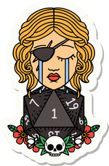 crying human rogue with natural one d20 roll sticker