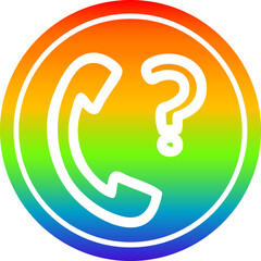 telephone handset with question mark circular in rainbow spectrum