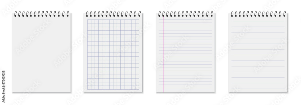 Poster set realistic clean spiral blank notebook with lines paper page isolated, dots and cells, six notepa