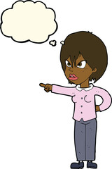 cartoon woman accusing with thought bubble