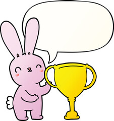 cute cartoon rabbit and sports trophy cup and speech bubble in smooth gradient style