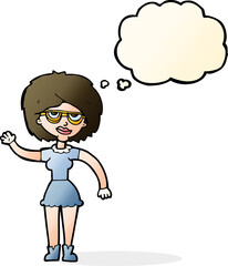 cartoon waving woman wearing spectacles with thought bubble