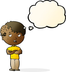 cartoon boy with growth on head with thought bubble