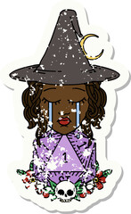 crying human witch with natural one D20 dice roll illustration