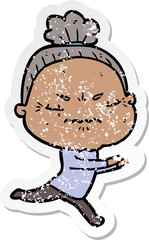 distressed sticker of a cartoon annoyed old lady