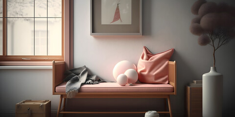 interior design of cozy room with pink seat cushion next to window. generative ai