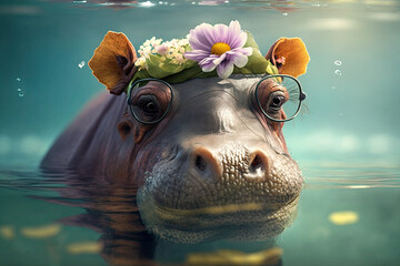A hippo wearing a ring of flower, generative AI - obrazy, fototapety, plakaty