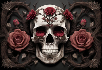 Skull and roses vector illustration. Dark fantasy.