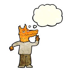 cartoon happy fox man with thought bubble