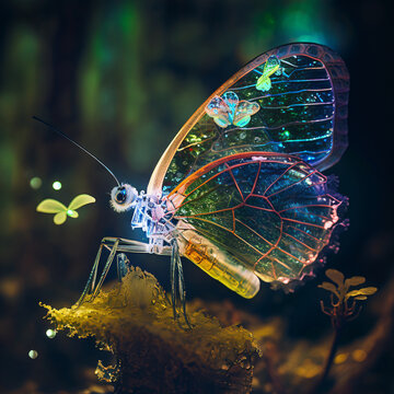 Futuristic, colourful butterfly in nature environment. © iFolio
