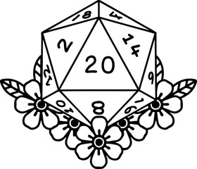 natural 20 D20 dice roll with floral elements illustration