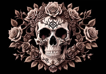 Skull and roses vector illustration. Dark fantasy.