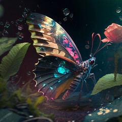 Fototapeta na wymiar Futuristic, colourful butterfly in nature environment.