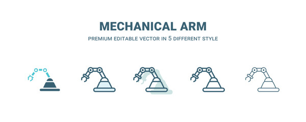 mechanical arm icon in 5 different style. Outline, filled, two color, thin mechanical arm icon isolated on white background. Editable vector can be used web and mobile