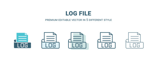 log file icon in 5 different style. Outline, filled, two color, thin log file icon isolated on white background. Editable vector can be used web and mobile