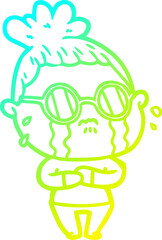 cold gradient line drawing cartoon crying woman wearing spectacles