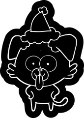 cartoon icon of a dog with tongue sticking out wearing santa hat