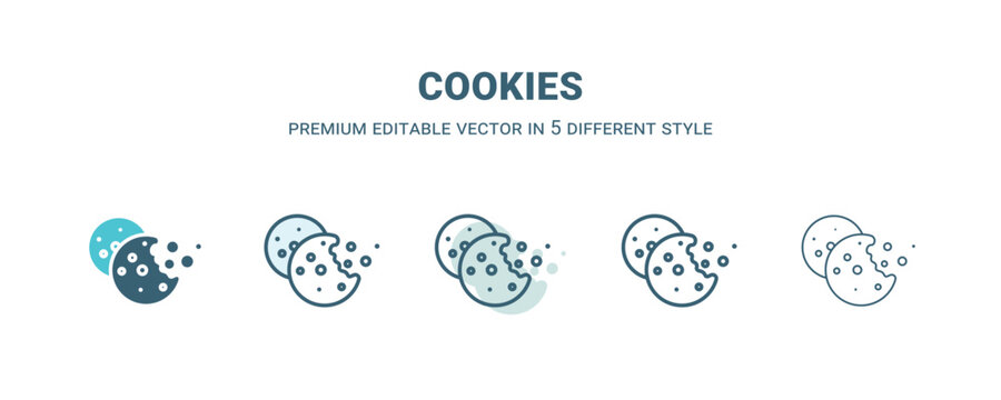 cookies icon in 5 different style. Outline, filled, two color, thin cookies icon isolated on white background. Editable vector can be used web and mobile
