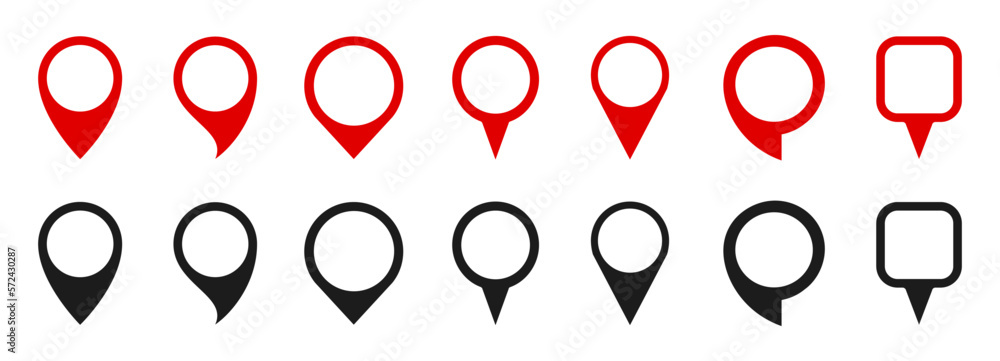 Aufkleber Set red and black pin map marker pointer icon, GPS location flat symbol – vector