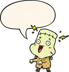 cartoon undead monster creation man and speech bubble in comic book style