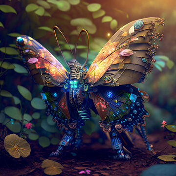 Futuristic, colourful butterfly in nature environment.