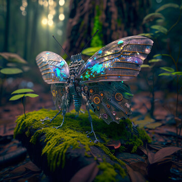 Futuristic, colourful butterfly in nature environment.