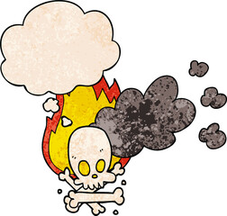 cartoon spooky burning bones and thought bubble in grunge texture pattern style