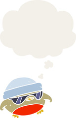 cartoon cool christmas robin and thought bubble in retro style