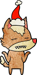textured cartoon of a wolf showing teeth wearing santa hat