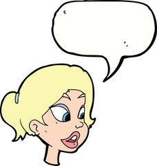cartoon friendly woman with speech bubble