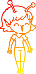 warm gradient line drawing cartoon alien girl laughing