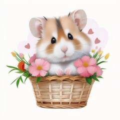 a cute lovely little hamster in a basket with flowers and hearts on it's back side, lovely postcard  illustration, ai generated