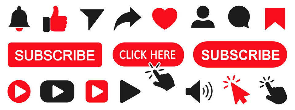 Set subscribe button icons: cursor, bell, like, comment, share sign for channel, blog, social media. Subscribe icon shape sign button set – for stock