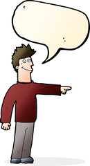 cartoon happy pointing man with speech bubble