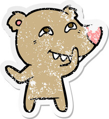distressed sticker of a cartoon bear showing teeth