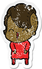 distressed sticker of a cartoon happy hipster girl