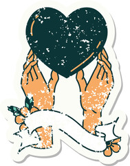 grunge sticker with banner of a hands reaching for a heart