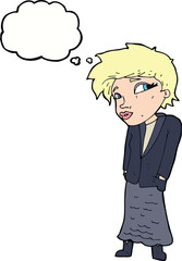 cartoon woman with hands in pockets with thought bubble