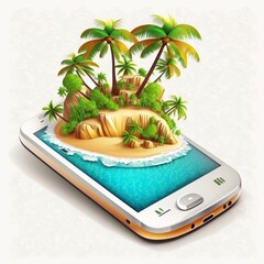 illustration of a smartphone and a tropical island on white, ai generative