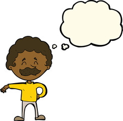 cartoon man making camp gesture with thought bubble
