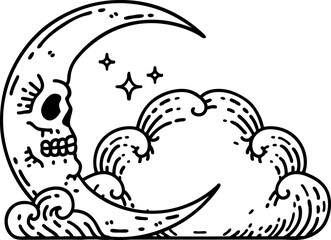 black line tattoo of a skull crescent moon and clouds
