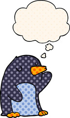 cartoon penguin and thought bubble in comic book style