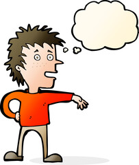 cartoon man making dismissive gesture with thought bubble