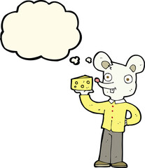 cartoon mouse holding cheese with thought bubble
