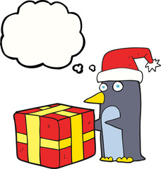 thought bubble cartoon christmas penguin with present