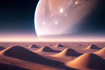 Fototapeta na wymiar Futuristic fantasy landscape. Painting sci-fi landscape with planet. Desert on the unknown planet. Galaxy. Generative AI.