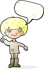 cartoon boy in poor clothing giving thumbs up symbol with speech bubble