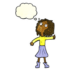 cartoon woman looking up to the sky with thought bubble